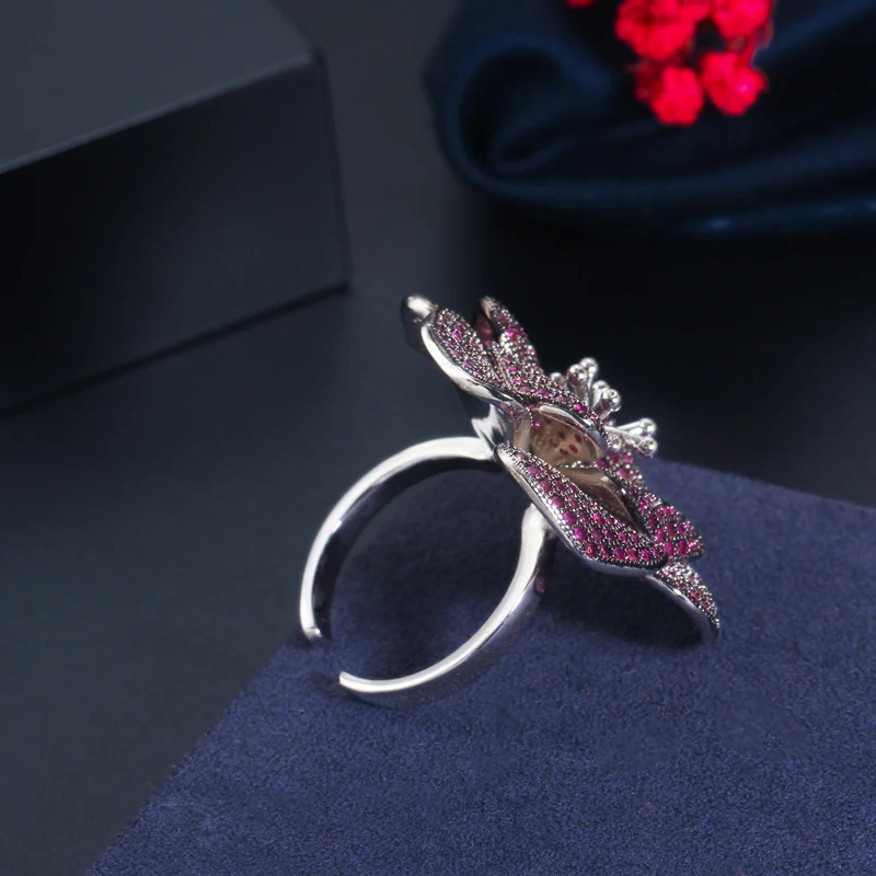 CWWZircons 3D Big Hot Pink Red Cubic Zircon Flower Adjustable Finger Ring for Women Engagement Wedding Party Bridal Jewelry R173