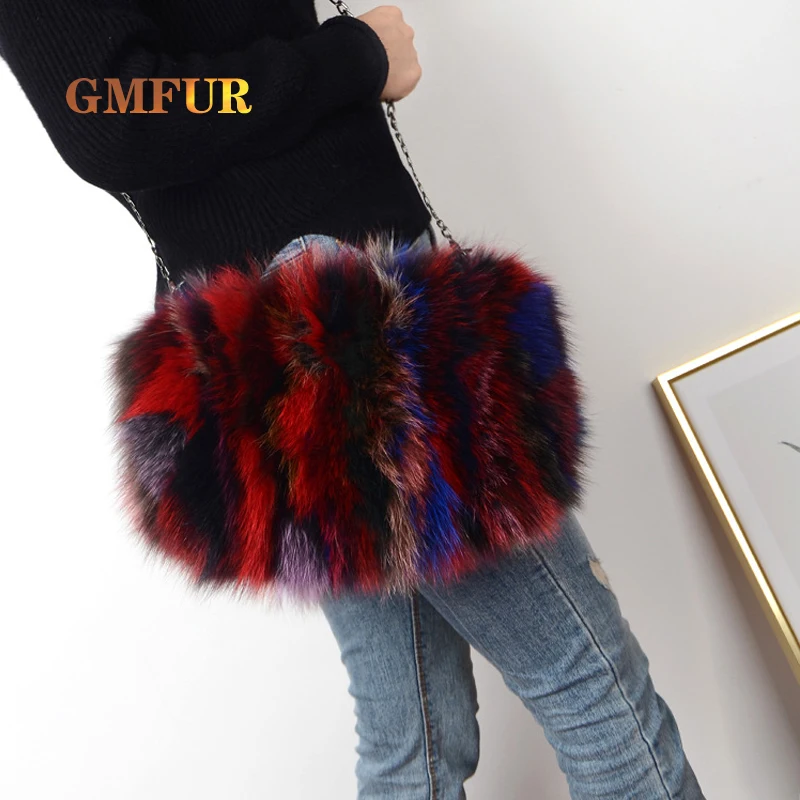 100% Real Fox Fur Hand Warmer Bag Winter New Ladies Authentic Fluffy Cute Brand Chain Shoulder Bag Fashion Luxury Handbag Women