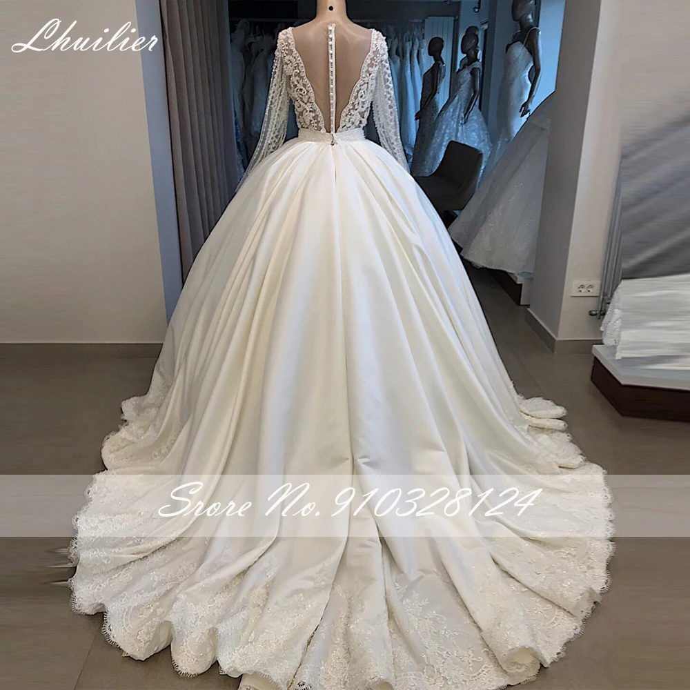 Lhuillier A-line V Neck Pearls Beaded Satin Wedding Dresses Floor Length Full Sleeves Illusion Back Bridal Dress with Belt