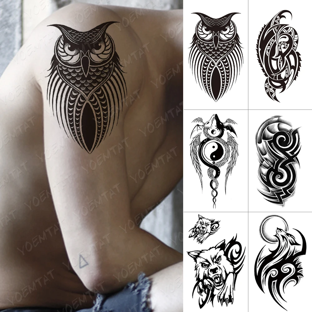 

Waterproof Temporary Tattoo Sticker Owl Totem Flash Tattoos Scorpion Dragon Body Art Arm Wolf Yin And Yang Fake Tatoo Men