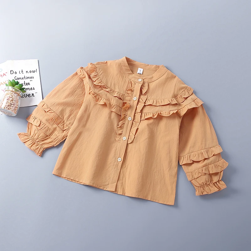 3-10 Years High Quality Cotton Spring Girl Clothing 2022 New Fashion Orange Button Kid Children Clothing Blouses