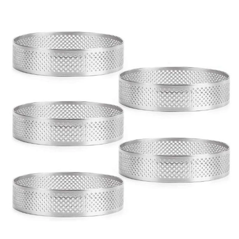 BMBY-5 Pcs Circular Porous Tart Ring Bottom Tower Pie Cake Mould Baking Tools Heat-Resistant Perforated Cake Mousse Ring, 8cm