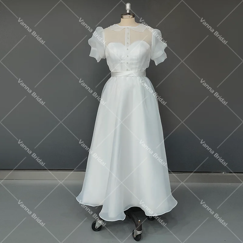 Organza Kurze Bischof Ärmeln Hochzeit Kleider Bodenlangen Maß Vintage Einfache Günstige Tasten Transparent Zurück Brautkleid