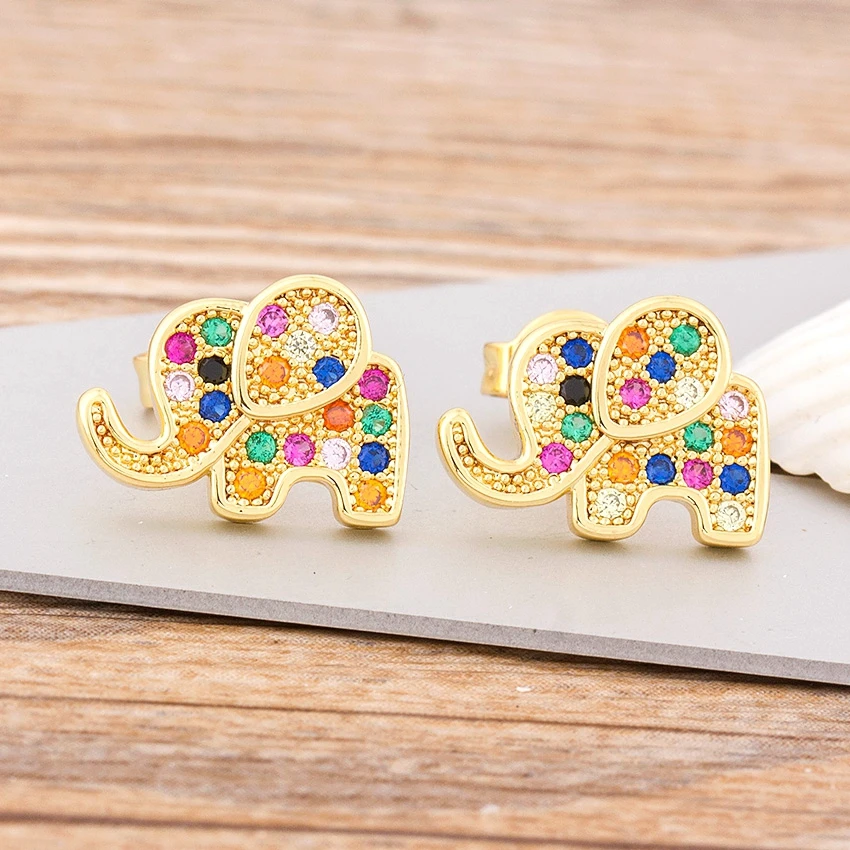 Nidin New Fashion Cute Elephant Stud Earrings dla kobiet Rainbow Statement Charm Copper CZ Stone Jewelry Party Wedding Gift