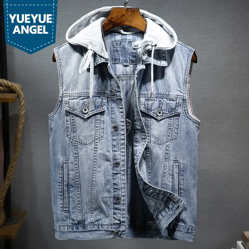 

Fashion Hip Hop Mens Hoody Denim Vest Slim Fit Multi Pockets Sleeveless Waistcoat Tops Vintage Casual Jean Chaqueta Hombre Vests