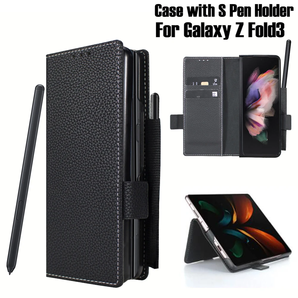 S Pen Holder Case for Samsung Galaxy Z Fold 3 Fold3 Leather Wallet Cover Built-in Stylus Socket Slot 2-in-1 Magnetic Detachable