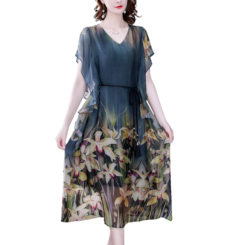 2024 Loose Print Natural Silk Midi Dress Summer Vintage Casual Chiffon Dress Elegant Women Bodycon Party Evening Vestidos