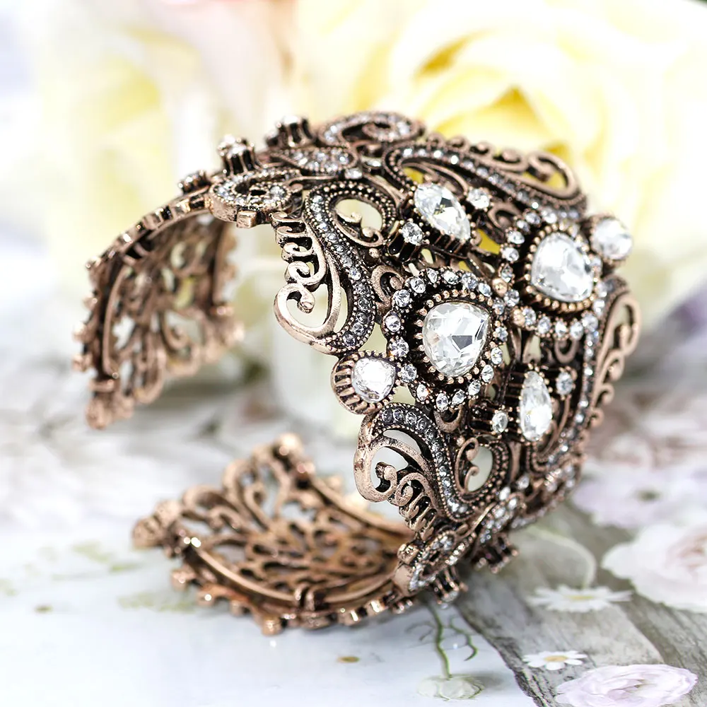 Sunspicems Retro Vintage Arabic Flower Cuff Bracelet For Women Big Crystal Bangle Leisure Jewelry Turkish Women Wedding Jewelry