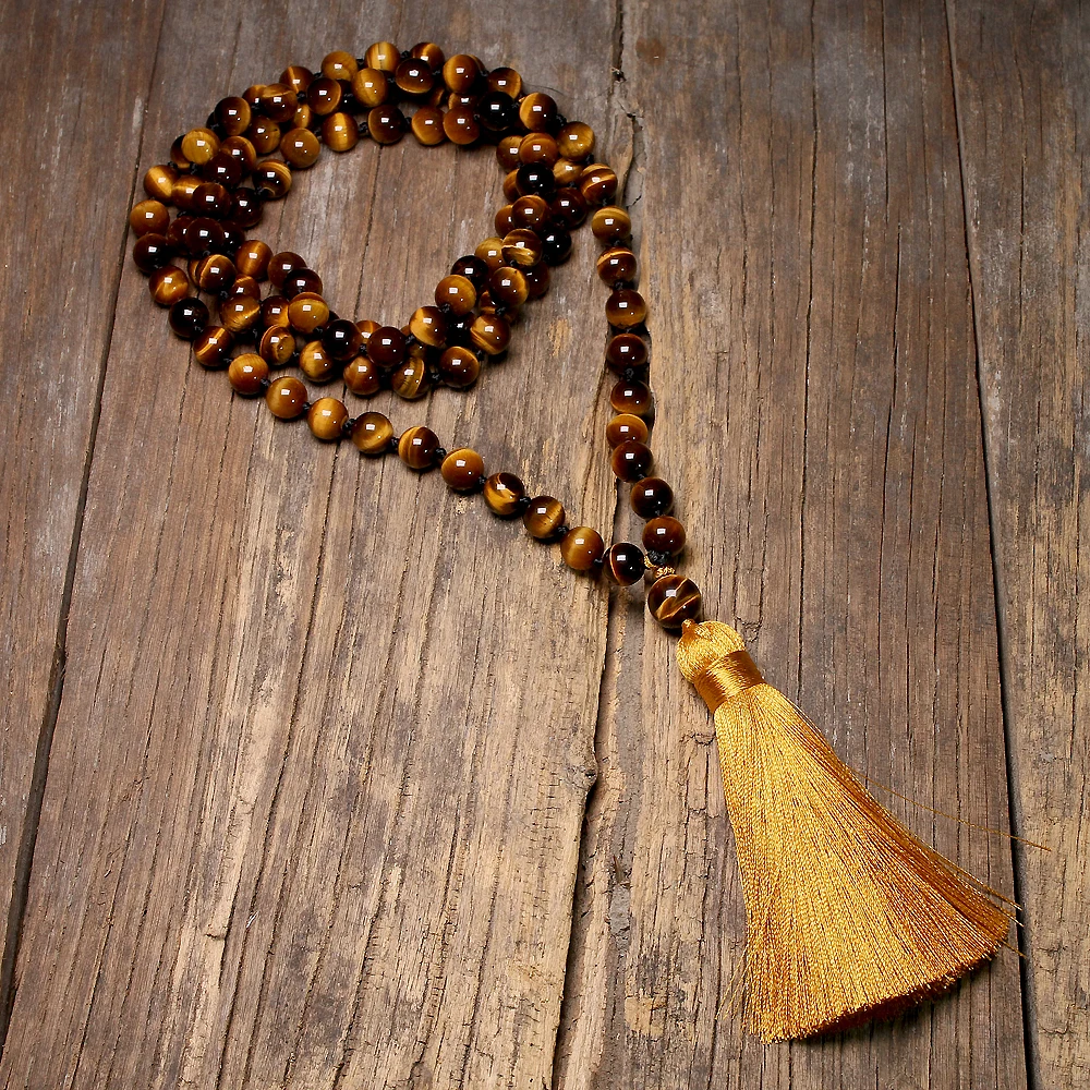 5A Golden Tassel Japamala For Men And Women 8mm Tiger Eye Stone 108 Beads Mala Knotted Necklace Meditation Yoga Zen Jewelry