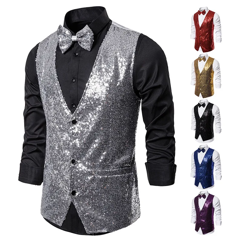 Hot Men Shiny Gold Sequin Glitter Embellished Blazer Waistcoat Night Club Blazer Wedding Party Waistcoat Stage Singers Clothing