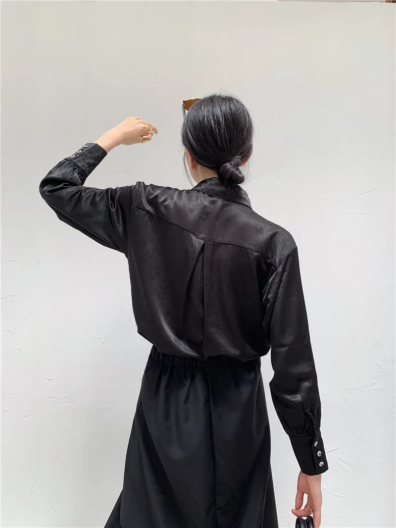 CHEERART Vintage Black Glitter Satin Top Long Sleeve Shirt Women Blouse Embroidered Lantern Sleeve Ladies Top Autumn 2020