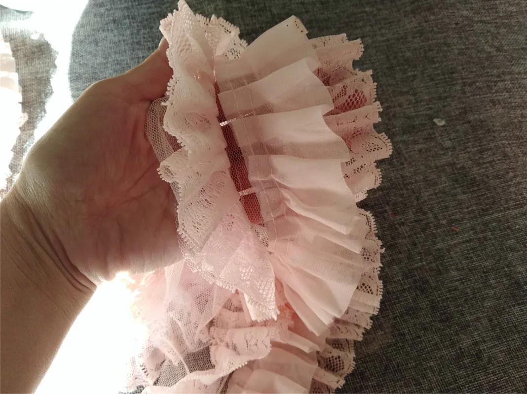 10CM szerokości trzy warstwy koronki skóry różowy 3D plisowany szyfon tkaniny haftowane Fringe wykończone frędzlami puszysta sukienka szycia diy