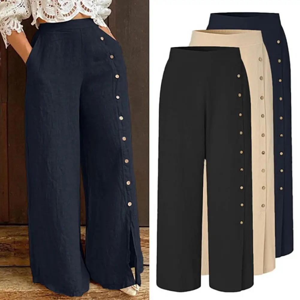 Multi Buttons Wide Leg Women Trousers Straight Split Elastic Waist Loose Long Pants Ladies Clothing