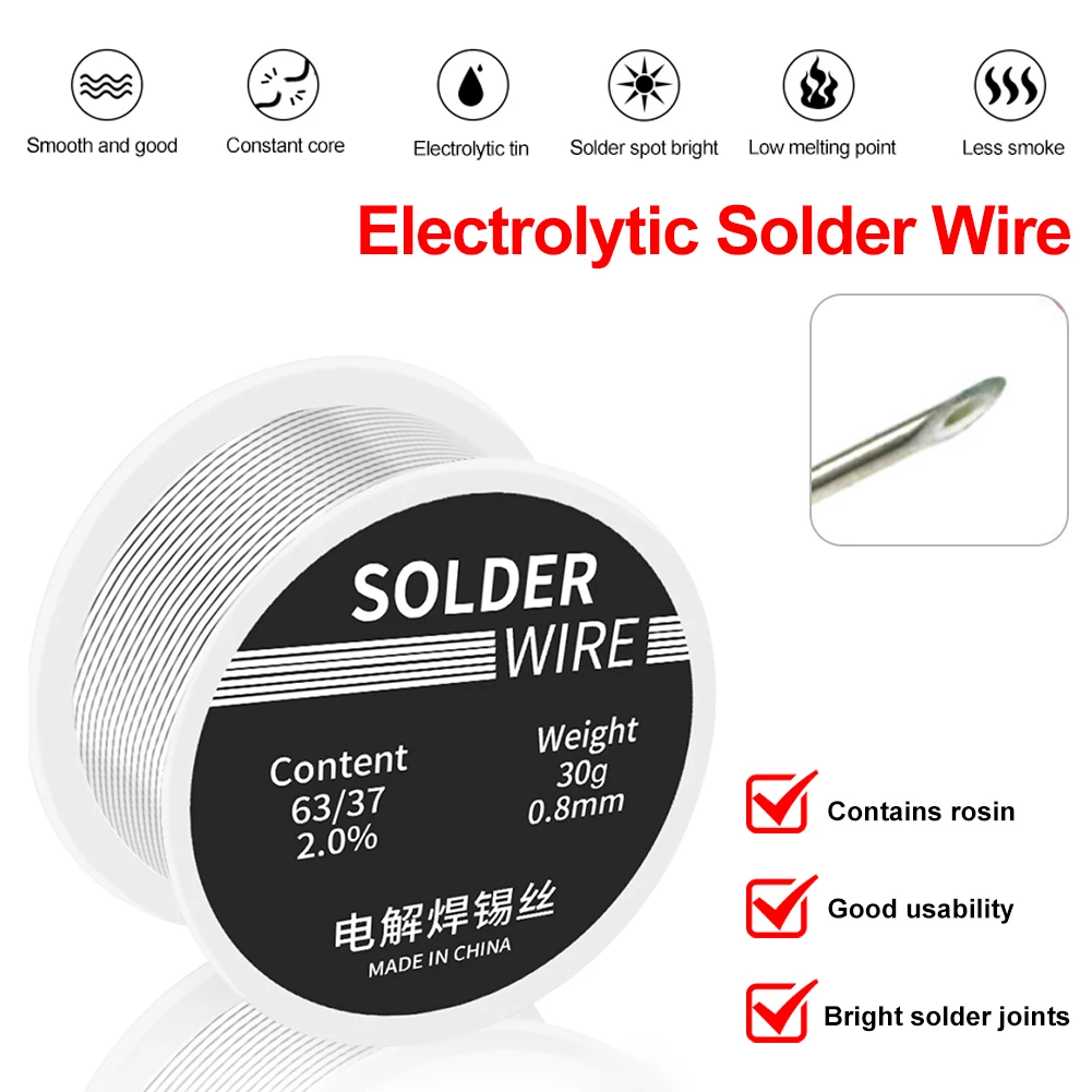 30g Welding Solder Wire High Purity Low Fusion Spot 0.8mm Rosin Soldering Wire Roll No-clean Tin BGA Welding Electronics 2% Flux