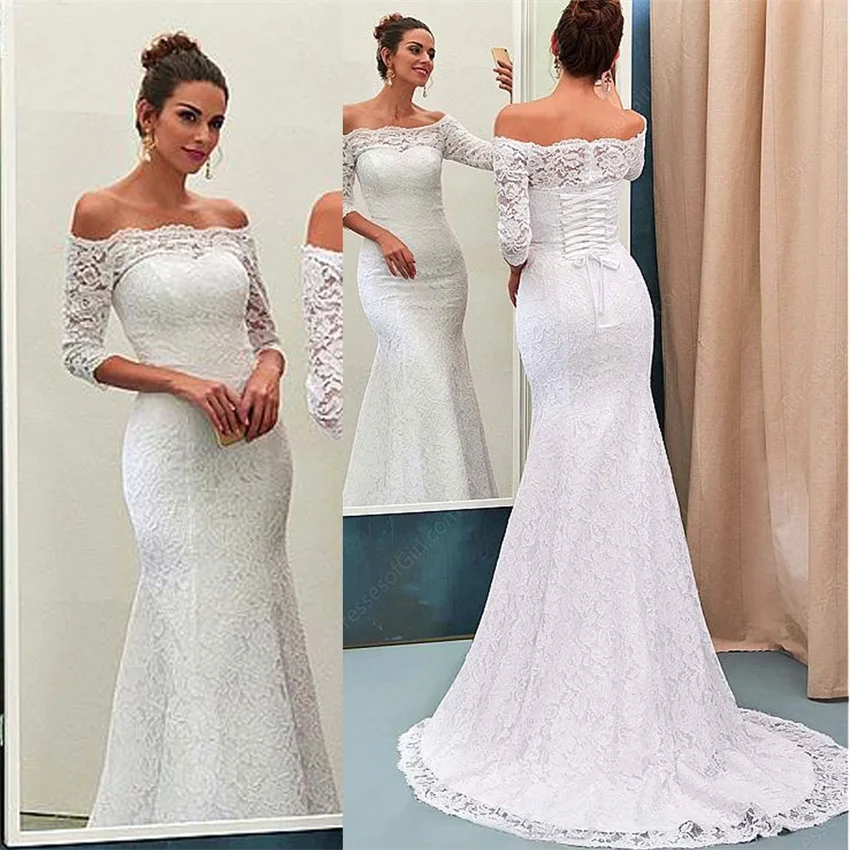 NUOXIFANG Princess Lace Off-the-shoulder Mermaid Wedding Dress Boat Neckline Half Sleeves Lace Bridal Dresses robe de soiree