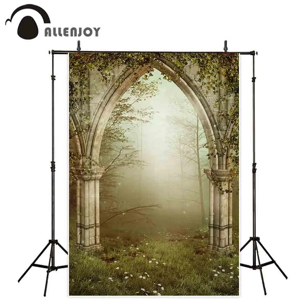 Allenjoy photographic background garden gate old gothic ruins ivy mysterious foggy forest lawn backdrop shimmer photophone