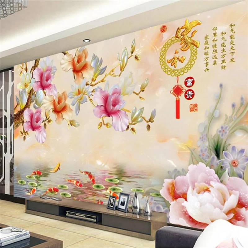 Custom wallpaper Chinese style home and rich 3D jade carving peony color carving Magnolia TV background wall decoration painting