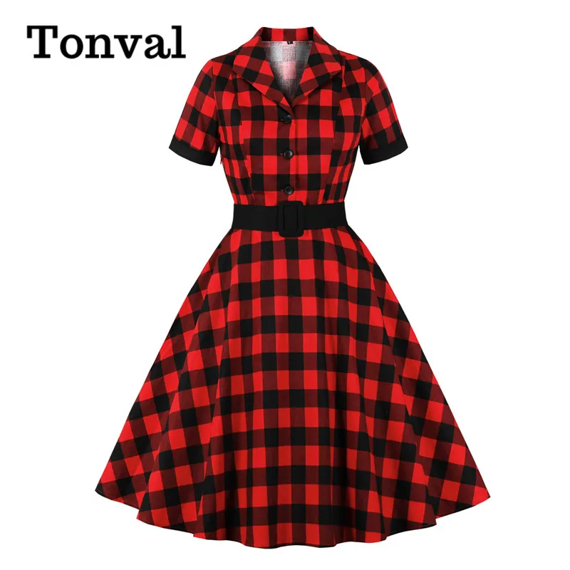 Tonval Gingham Vintage Dress Elegant Women Turn Down Collar Button Up Rockabilly 50s Style Red Plaid Cotton Dresses with Belt