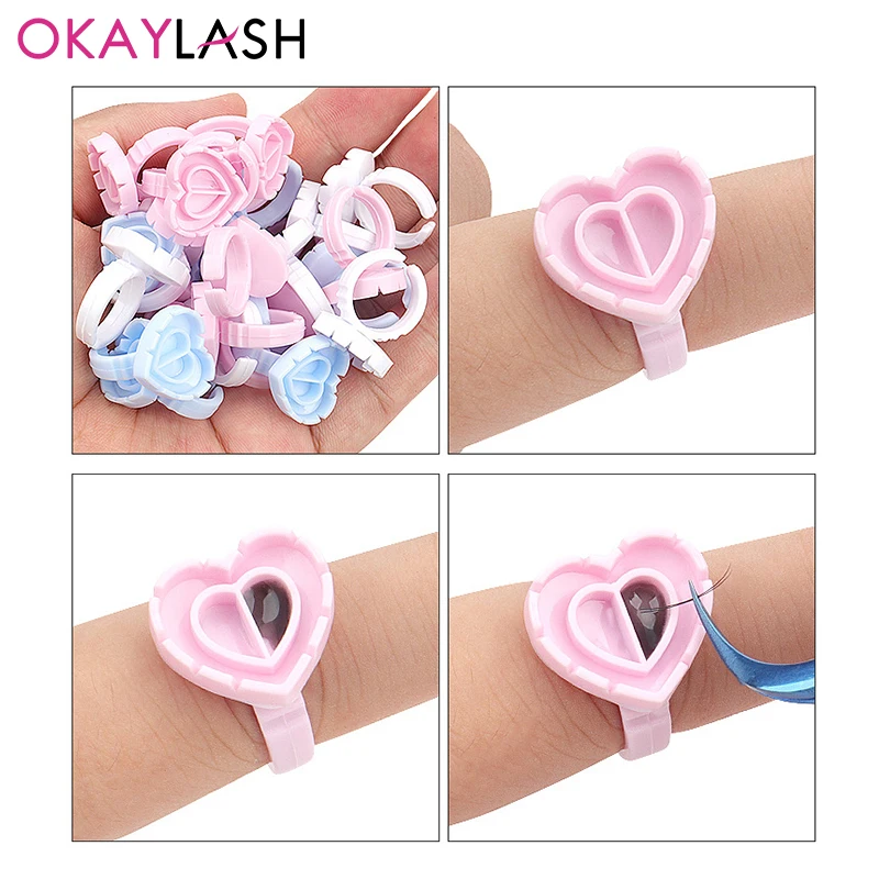 100Pcs Heart Eyelash Glue Fan Cup Rings Holder Container Eye Lash Fans Flowering Quick Blossom Cup Tattoo Pigment Container