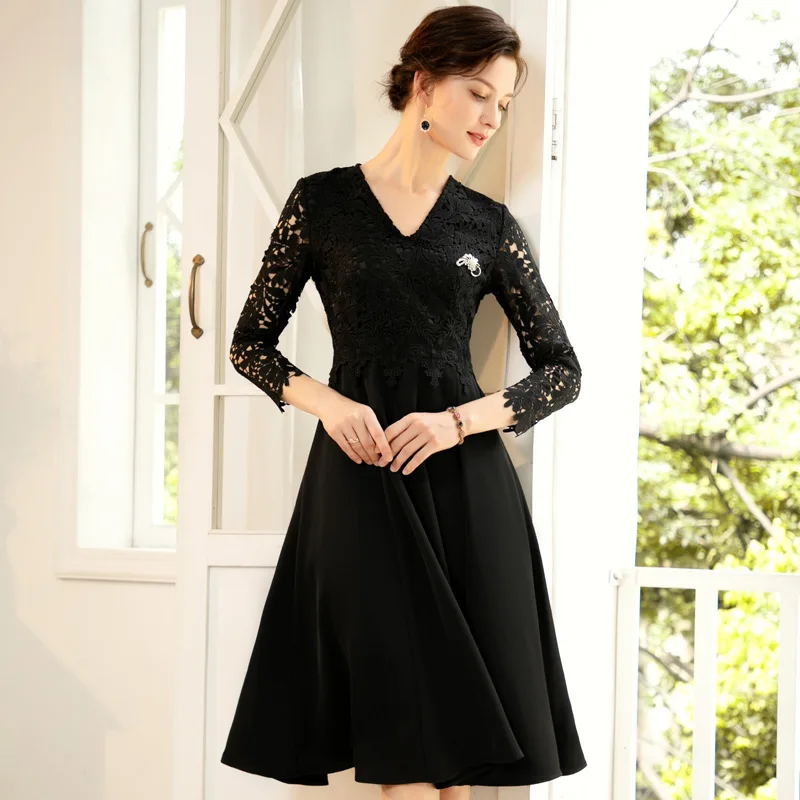 2020 Spring and summer new fashion women dress V Neck long sleeve lace little black dresses hollow out casual mid Dress