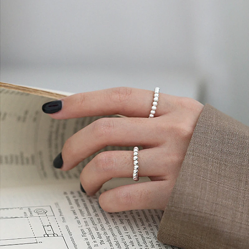 F.I.N.S Minimalist Elastic Rope Transfer Beads S990 Sterling Silver Ring Adjustable Finger Ring Stackable Beadwork Rings