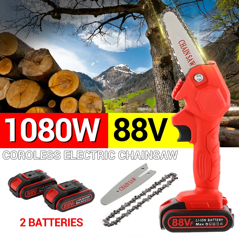 

1080W 4 Inch 88V Mini Electric Chain Saw Woodworking Pruning One-handed Garden Tool Rechargeable with 2 Battery EU US Plug