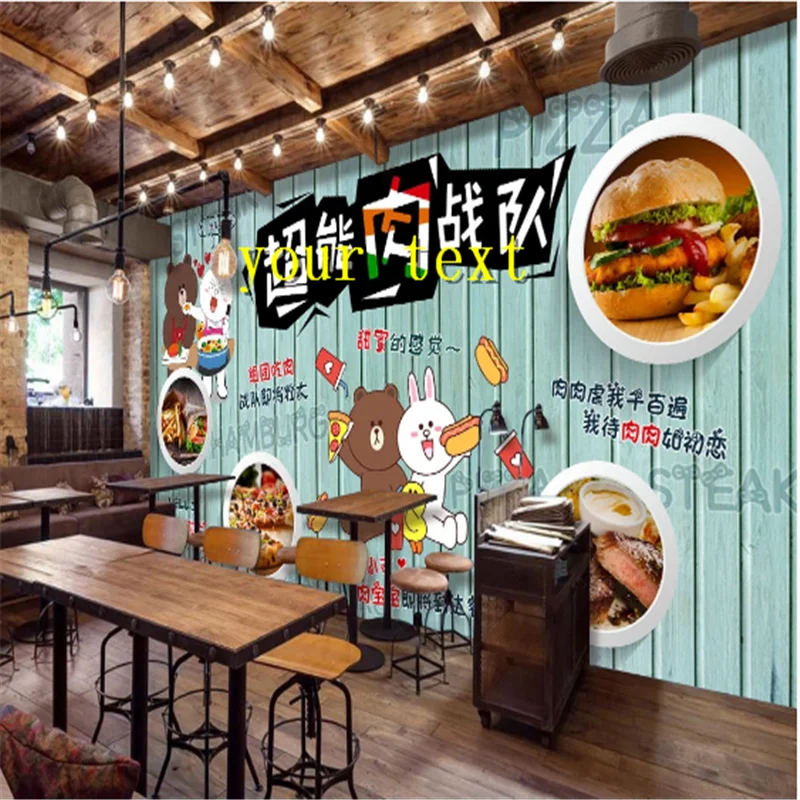 

Fried Chicken Beer Burger Fast Food Restaurant Wooden Board Background Industrial Decor Mural Wallpaper Snack Bar Wall Paper 3D