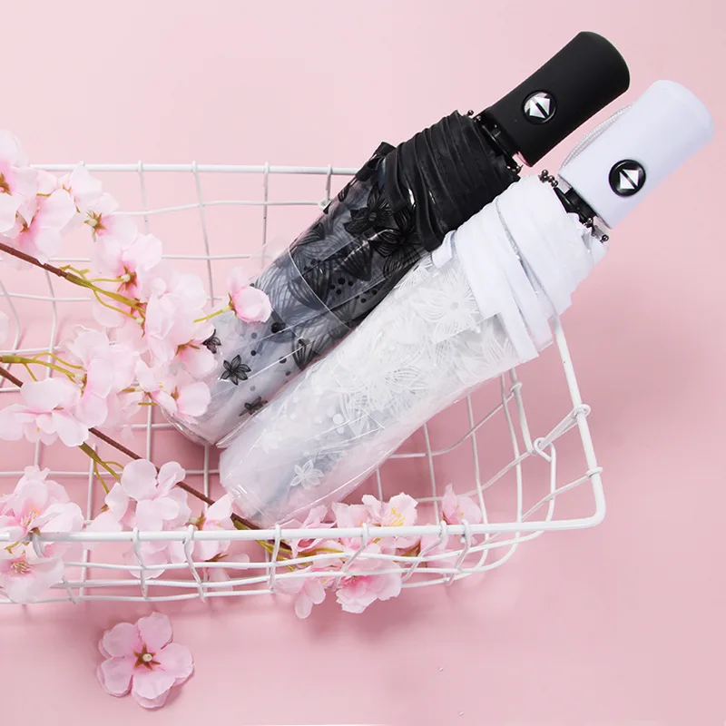 Fashion Thicken PVC Three Folding Transparent Automatic Clear Flower Printing Women Men Rain Umbrellas Girls Gifts Dropship