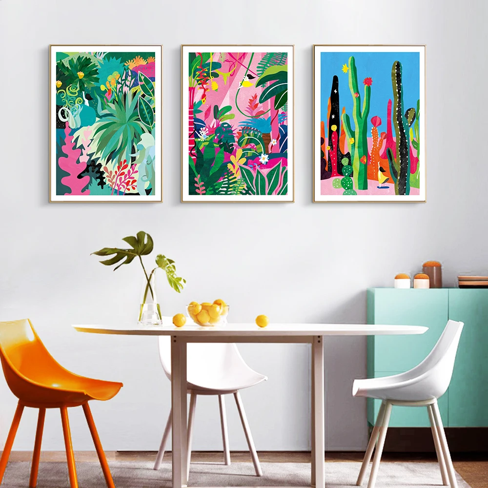 

Nordic Abstract Botanical Garden Cactus Jungle Prints Poster Color Plants Canvas Painting Wall Art Pictures Interior Home Decor