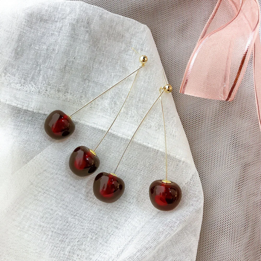 Fashion Red Cherry Drop Earring Sweet Fruit Long Earrings for Women Lady Gift Retro Jewelry Simulation Cherry Dangle Earring