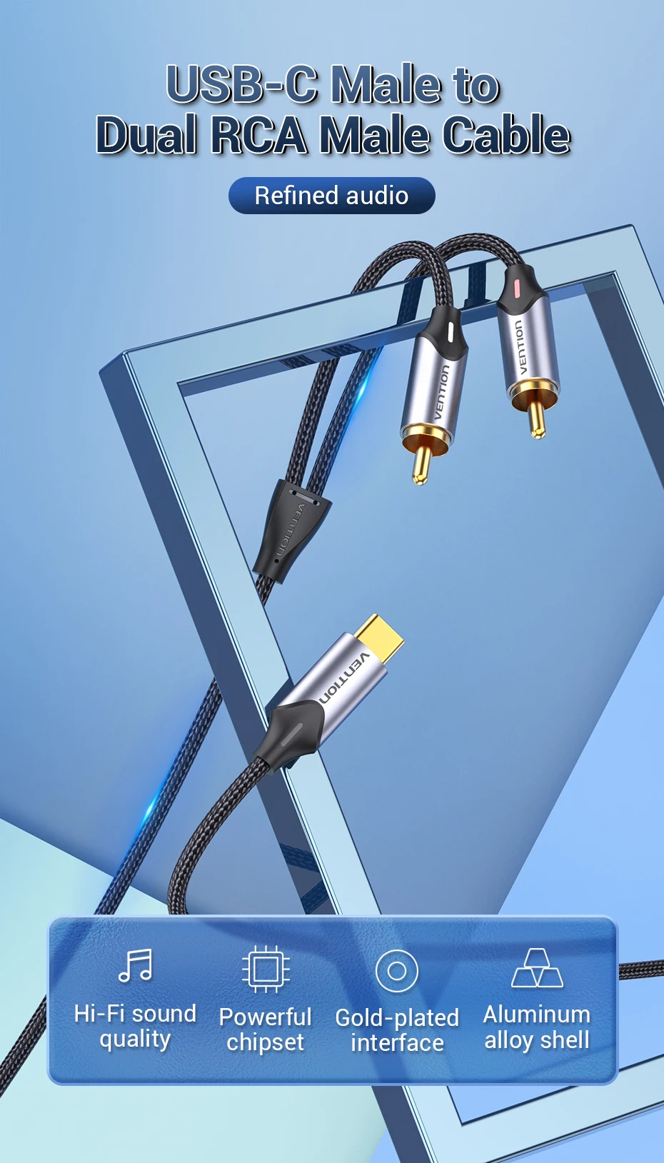 Tions USB C zu RCA Audio Kabel Typ C zu 2 RCA Kabel für Lautsprecher Verstärker Huawei Xiaomi Laptop 1m 2m 3m USB C Splitter RCA Y – Detail 1