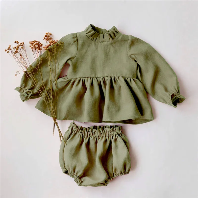 Nowborn Baby Clothes Sets Spring Baby Girl Blouse + Shorts Linen Cotton Girls Clothing Long Sleeve Tops 2pcs Toddler Girls Suit