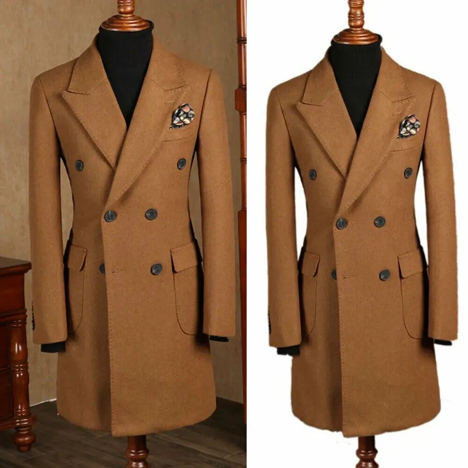 Men Wool Overcoat Double-breasted 6 Button Peak Lapel Suit Long