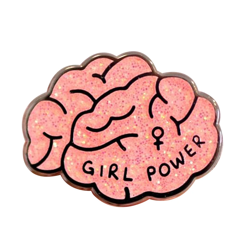 Girl Power Enamel Pin Glitter Brain Brooch Woman motivational slogan Badge Feminist jewelry