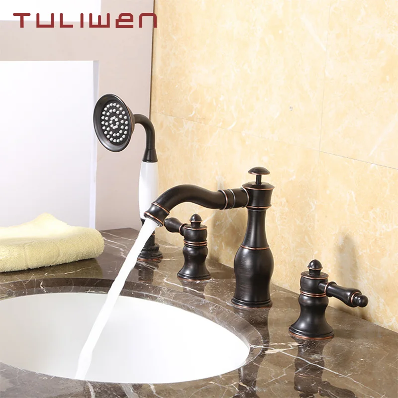 

Brass Bathroom Faucet Four Holes Basin Sink faucet 4 pcs Bath Bathtub Faucet Mixer Taps Cold Hot Water tap with Shower Head