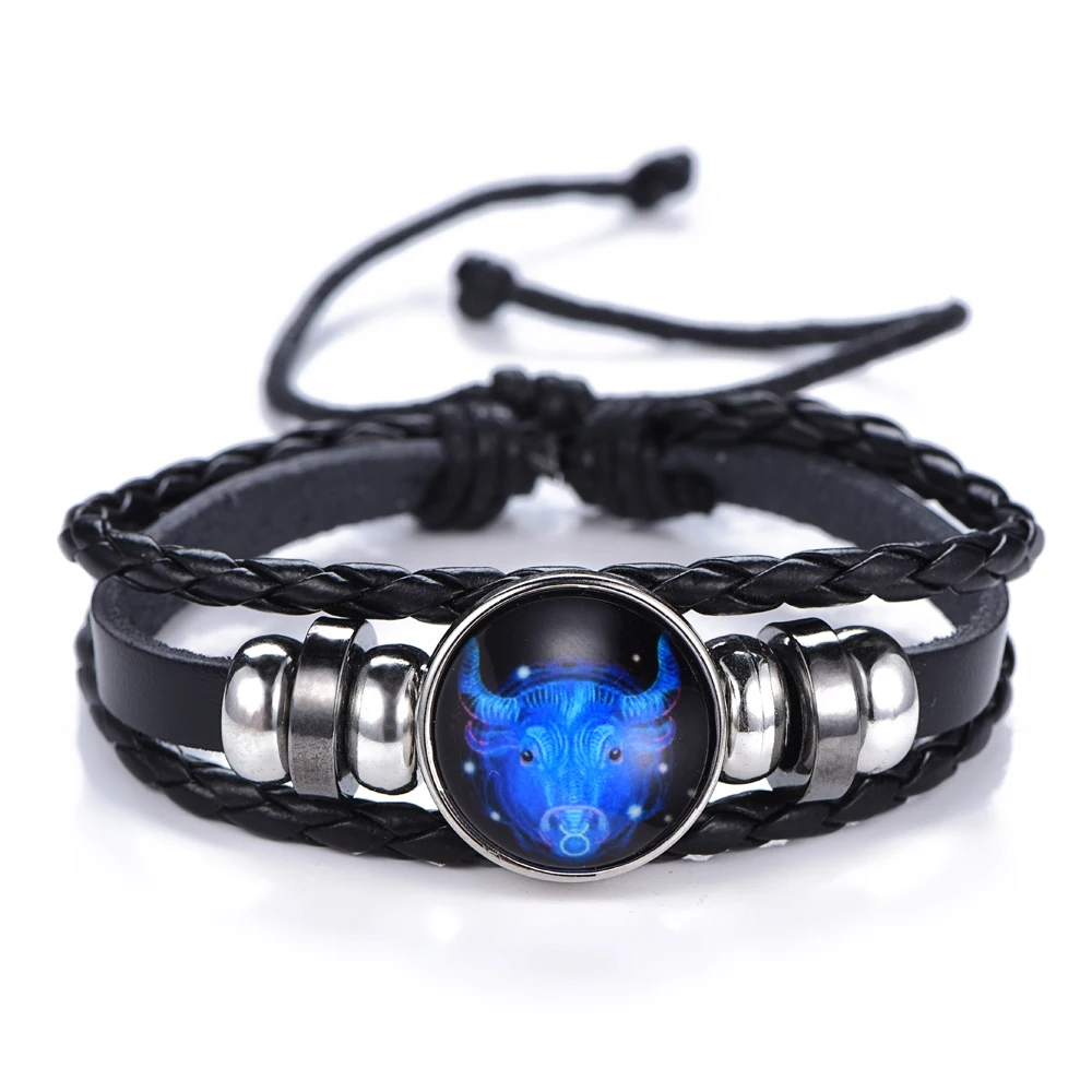 12 Constellation Luminous Bracelet men Leather Bracelet Charms Bracelets Aries Pisces Aquarius Leo Scorpio Libra Gemini jewelry