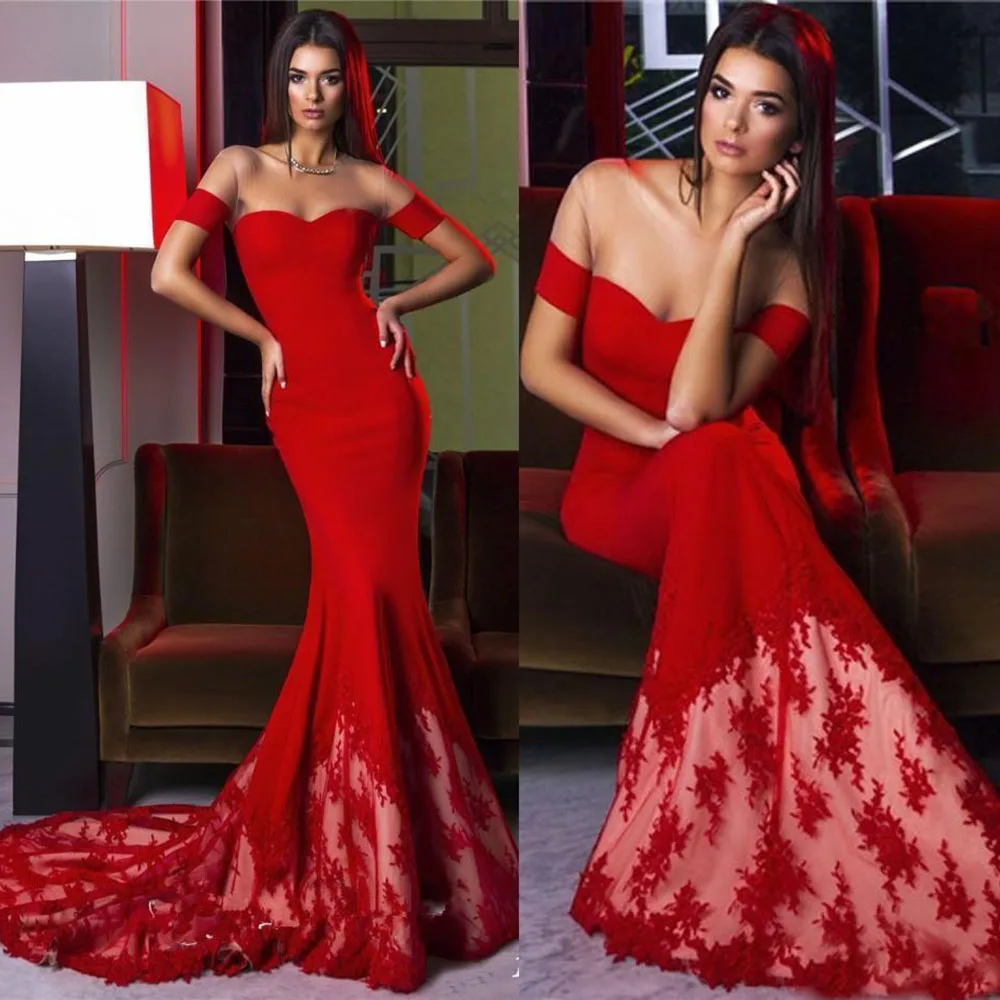 Satin Red Trumpet Evening Dresses Lace Prom Party Gown Girls Pageant Custom Bateau Applique Mermaid With Short Sleeves Illusion