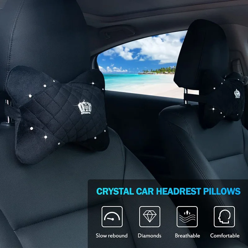 1PC PU Leather Car Neck Pillow with Rhinestones Crown Universal Plush Bone-Shaped Vehicle Headrest Cushion for Women Girls Man