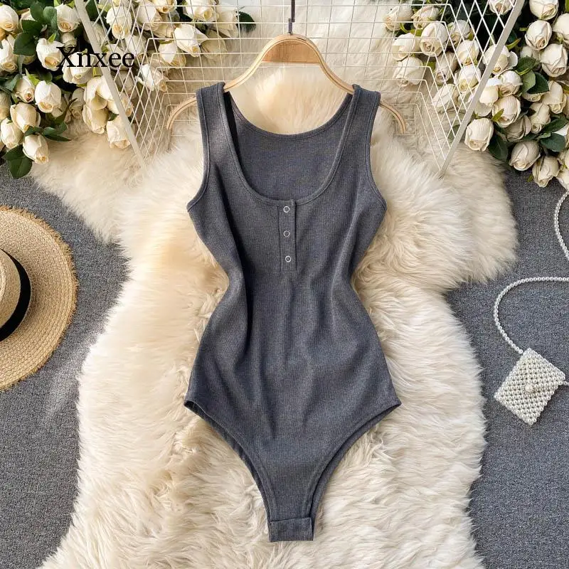 Women's Bodysuit Solid O-Neck Sleeveless Summer Slim Stretch Rib Knit Tank Top Button Up Casual Female Romper Bodysuits Clothing