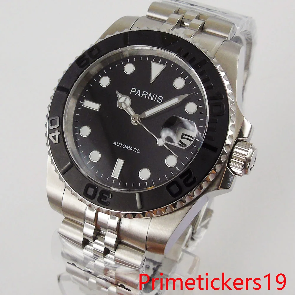 

PARNIS 40mm black dial men wristwatch date indicator sapphire glass stainless steel case ceramic bezel