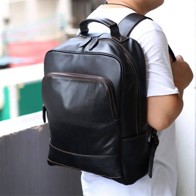 

Nesitu High Quality Large Capacity Black Real Skin Genuine Leather 14'' 15.6'' Laptop Women Men Backpacks Male Travel Bags M008