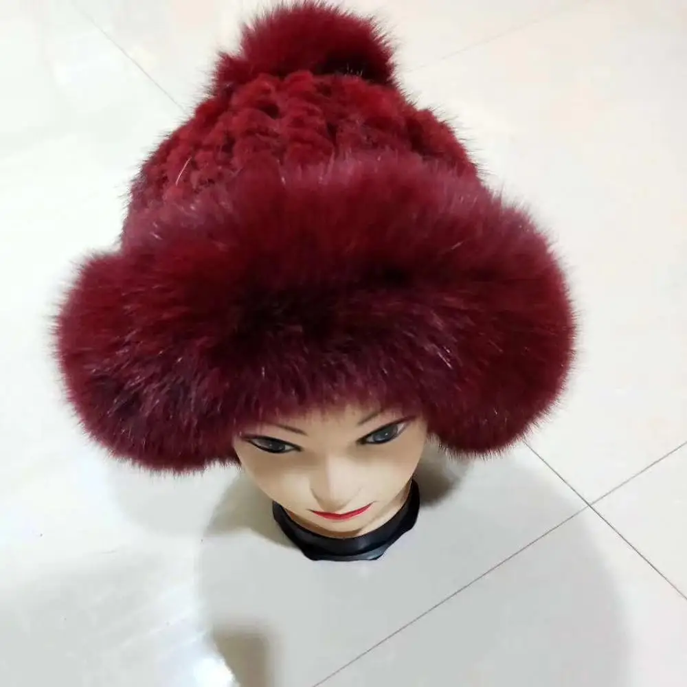 Real mink fur with real fox fur trim hat white winter warm caps new design red gray  fur beanies H701