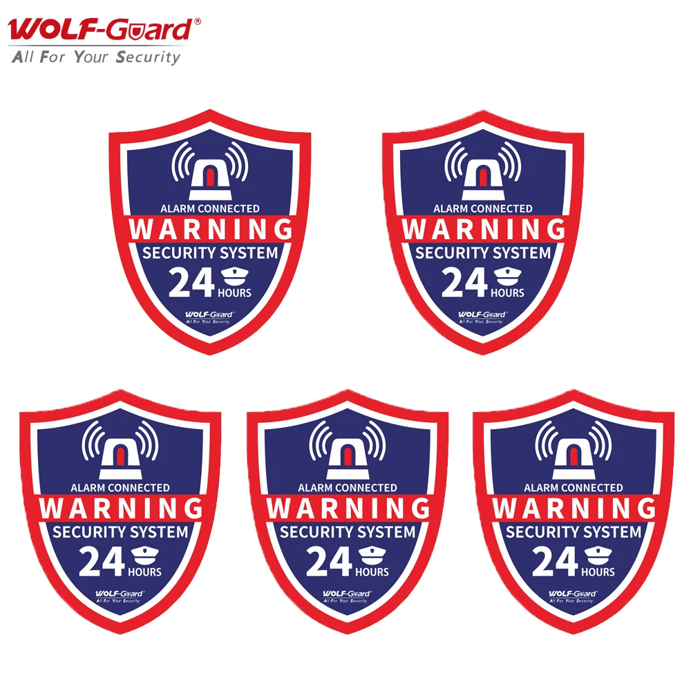 5Pcs WOLF-Guard Large ALARM CONNECTED SECURITY SYSTEM WARNRING Stickers Saftey Alarm Signs Decal 120x146mm