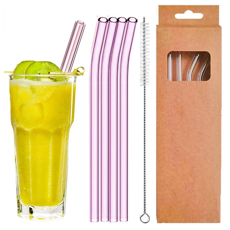 Reusable Glass Straws 8x200mm Glass Drinking Straws 4 Pack with Cleaning Brush BPA Free Glass Smoothie Straws for Milkshakes