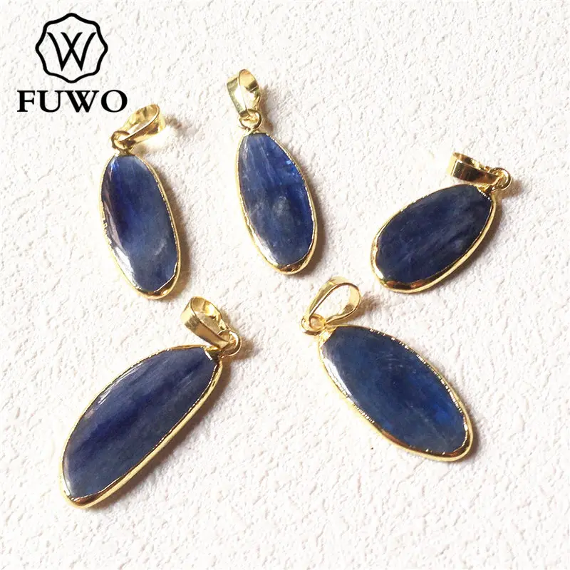 FUWO Wholesale Irregular Shape Kyanite Pendant,Golden Plated Natural Bule Crystal Accessories For Women Jewelry Making 5Pc PD257