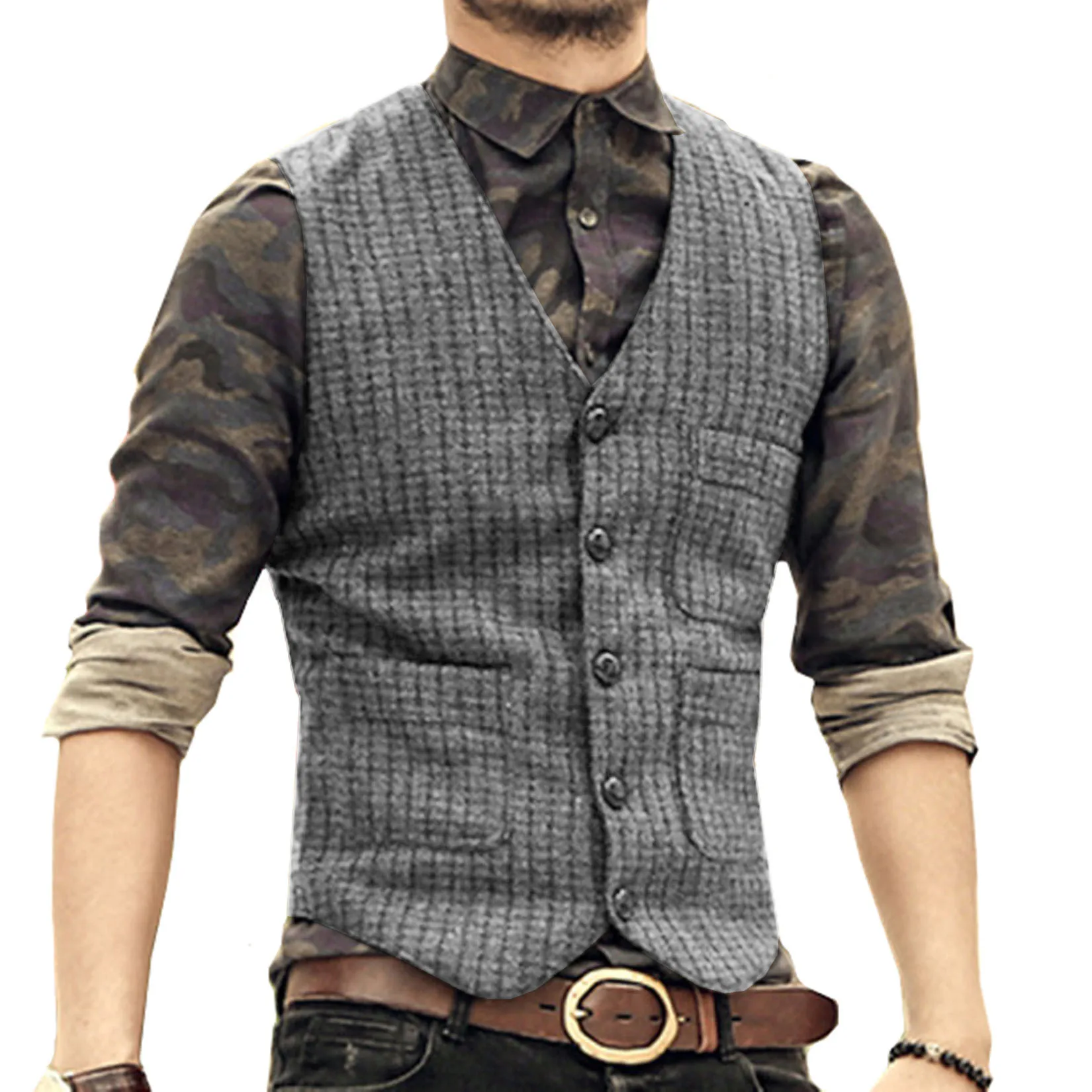 Men\'s Houndstooth Vest Casual Men\'s Vests Man Gilet Elegant Man Suit Male Mens Waistcoat Suits Clothing Sleeveless Formal Modern