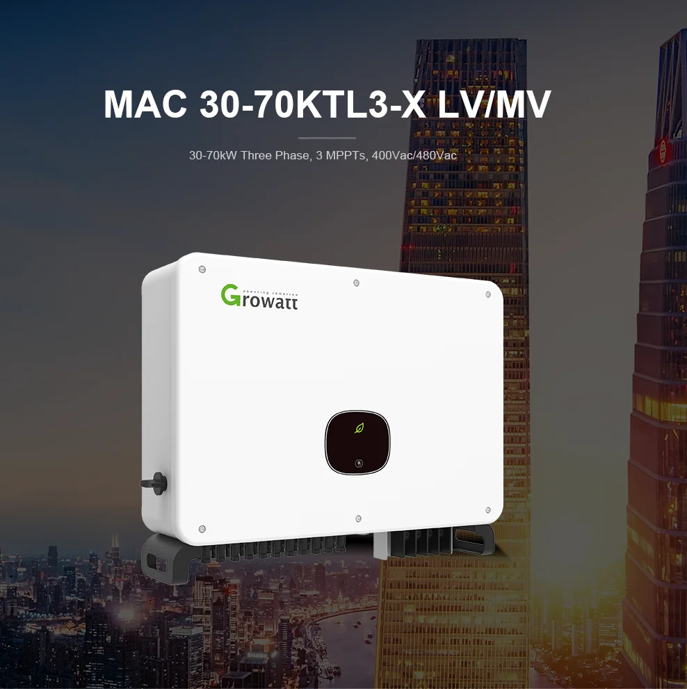 محول طاقة شمسية من سلسلة Growatt MAC 70KTL3-X MV 70KW 70000 واط مدمج مع متحكم في الشحن بالطاقة الشمسية MPPTs