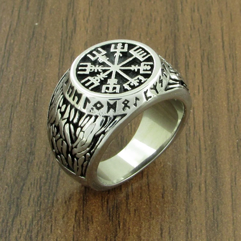 Vintage 316L Stainless Steel Nordic Viking Helm Of Awe Ring Custom Rune Beads Sign Scandinavian Odin Symbol Fashion Men Jewelry