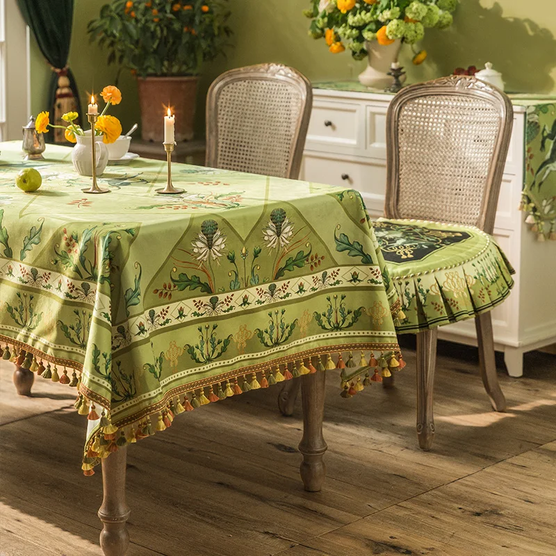 American Jungle Print Tablecloth Green Luxury Velvet Table Cloth Tassel Decor Cabinet Cover Cloth Dining Table Decor Tablecloth