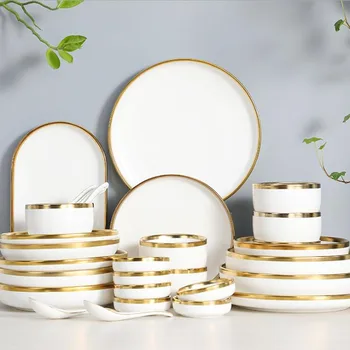 High-quality Matte Gilt Rim White Porcelain Dinner Tray Kitchen Plates 1
